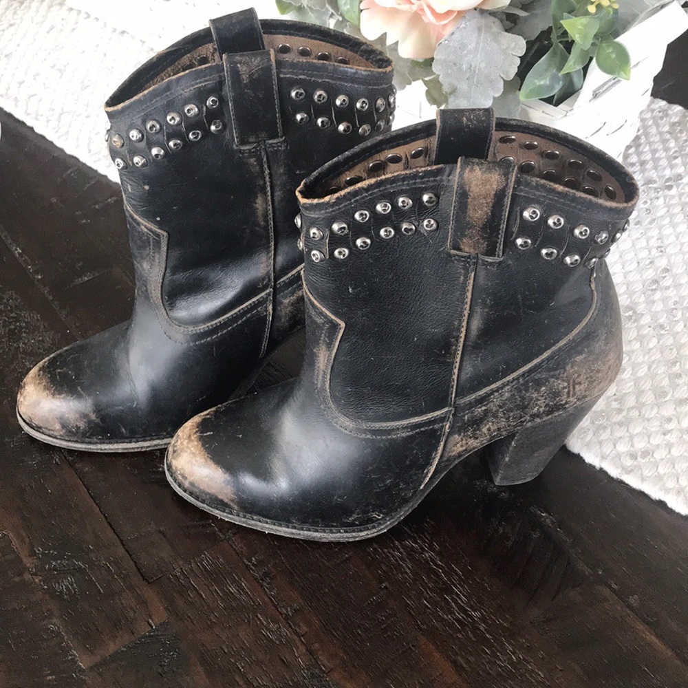 Frye Jenny Cut Stud Black Leather Ankle Boots with Silver Accents